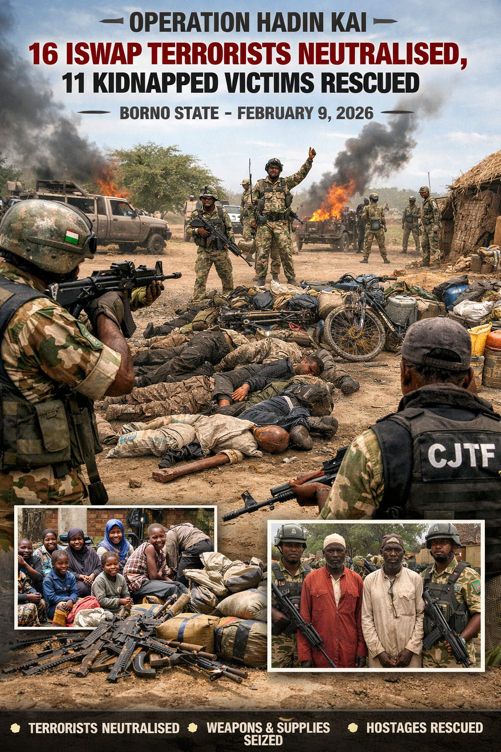 “Operation HADIN KAI: 16 ISWAP Terrorists Neutralised, 11 Kidnapped Victims Rescued in Borno”
