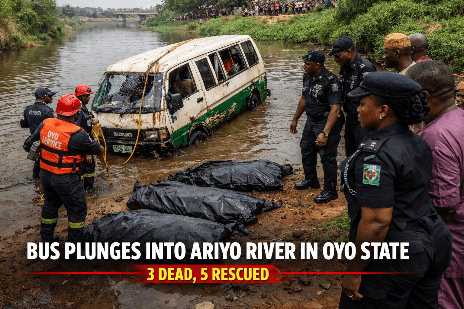 Bus Plunges into Ariyo River in Oyo, Three Dead, Five Rescued