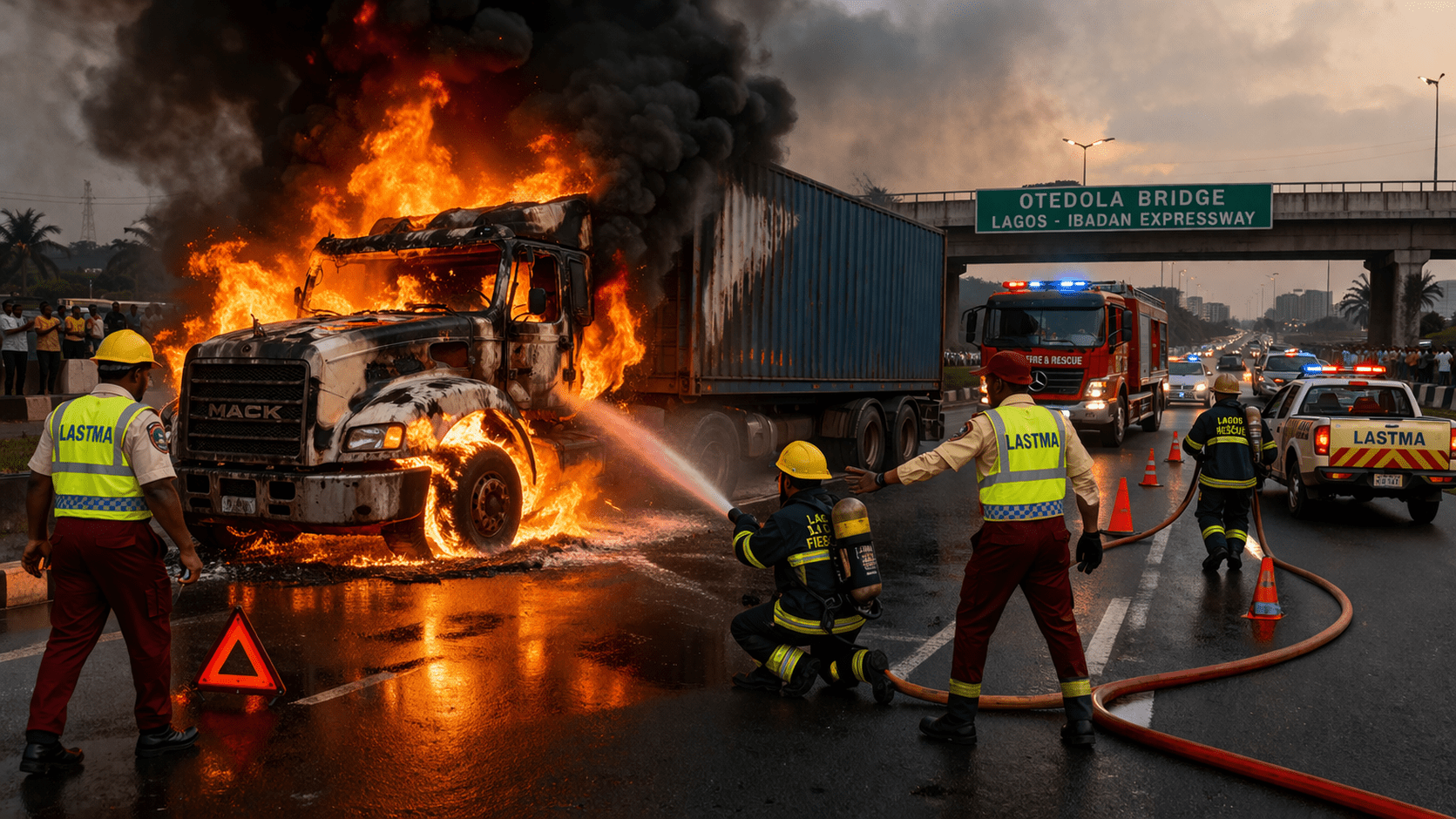 Truck Fire at Otedola Bridge: Driver Escapes as LASTMA, Firefighters Respond Swiftly