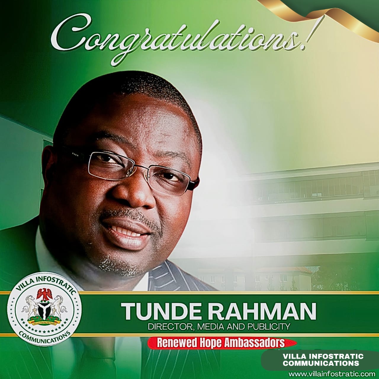 VILLA INFOSTRATIC CONGRATULATES TUNDE RAHMAN, SUNDAY DARE ON RENEWED HOPE APPOINTMENTS