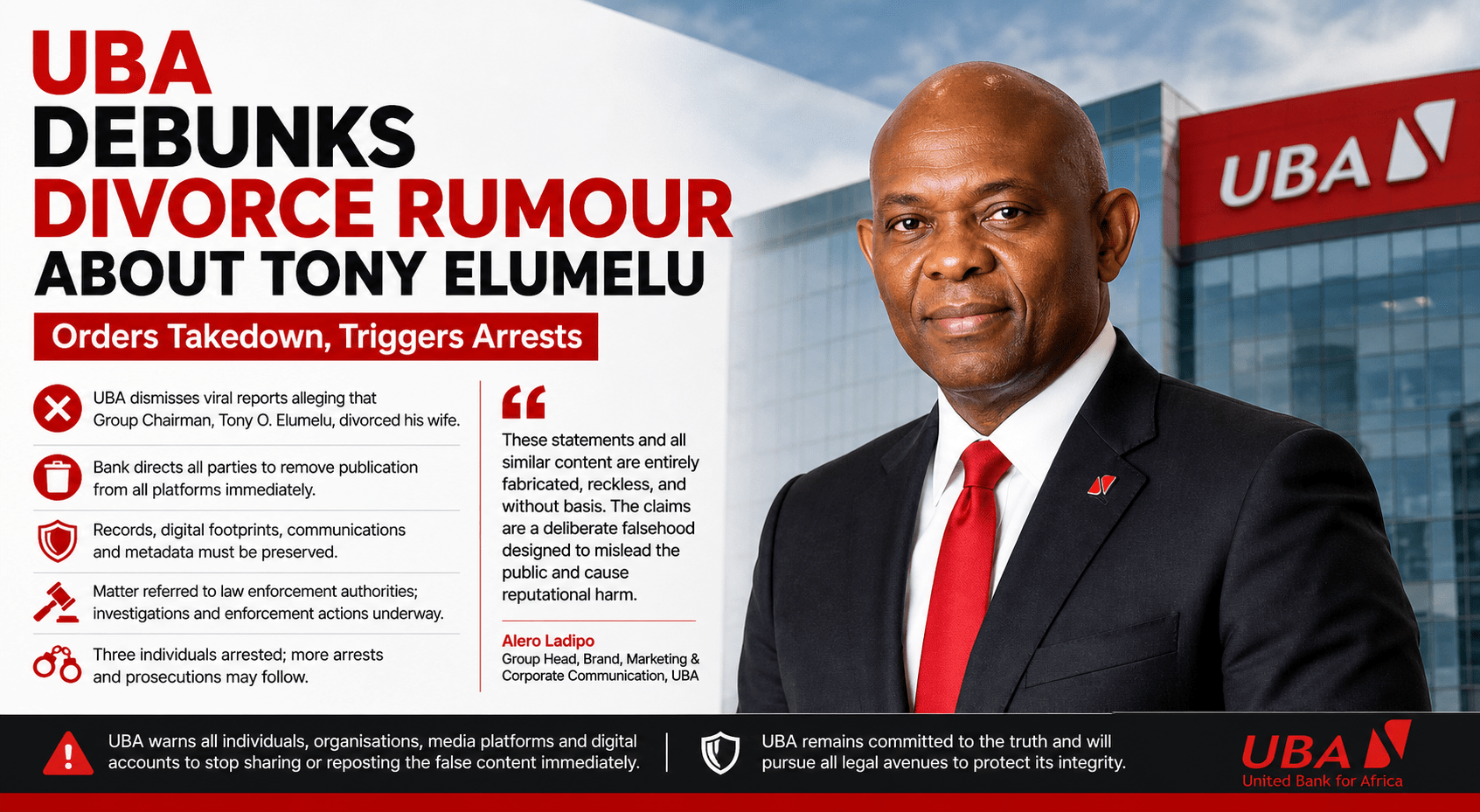 UBA Debunks Tony Elumelu Divorce Rumour, Orders Takedown and Triggers Arrests