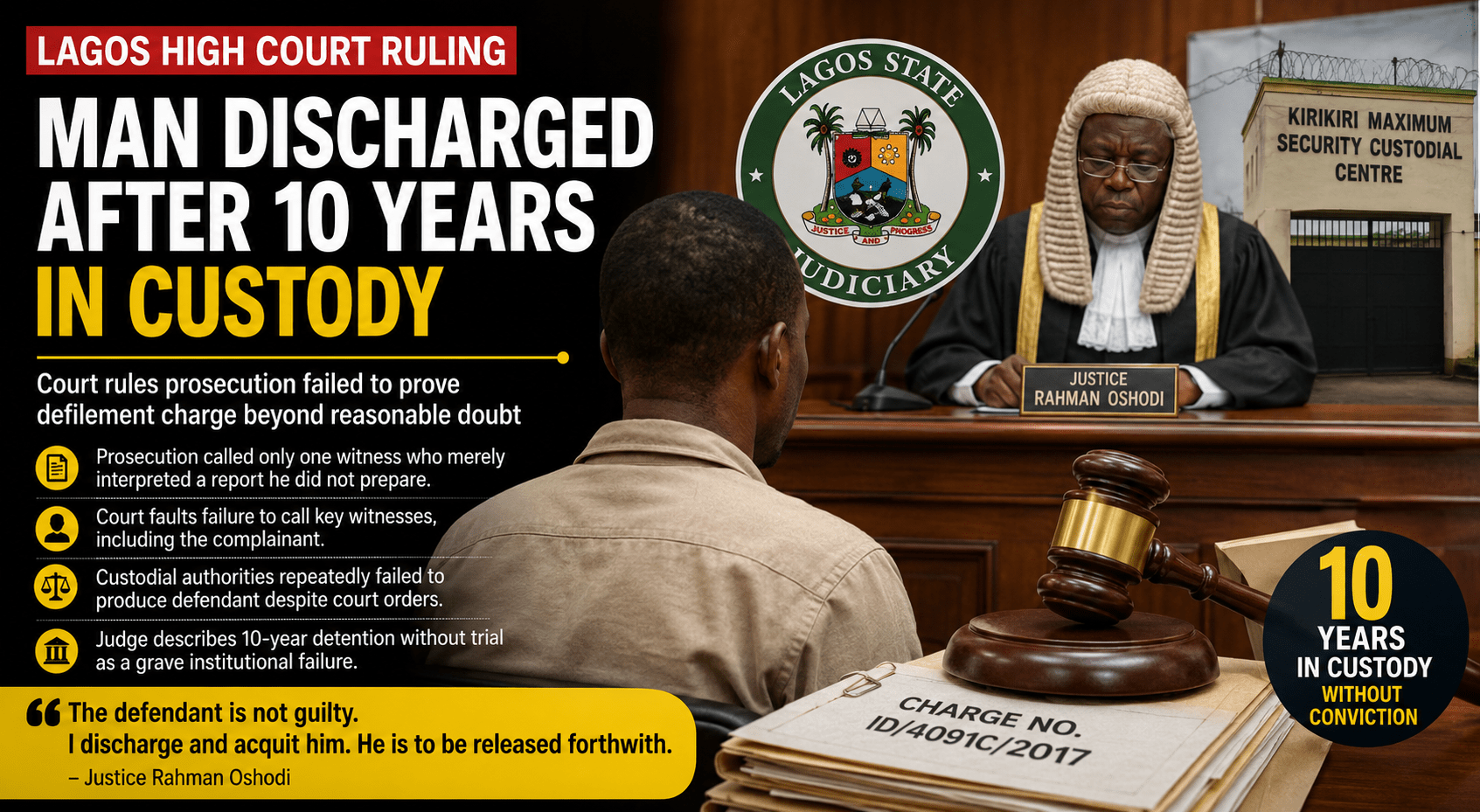 Lagos Court Discharges Man After 10 Years in Custody Over Weak Defilement Case
