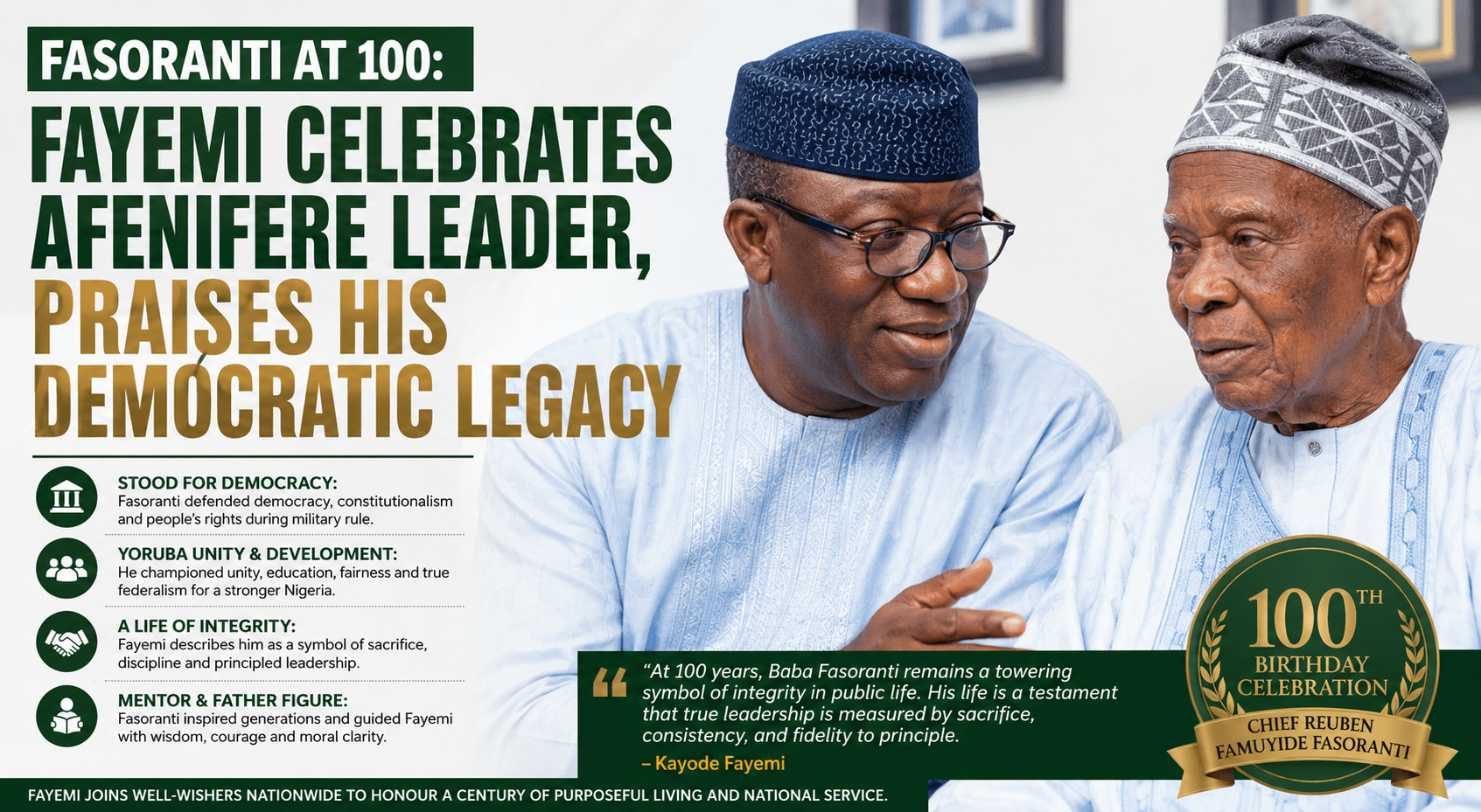 Fayemi Celebrates Reuben Fasoranti at 100, Praises His Democratic Legacy