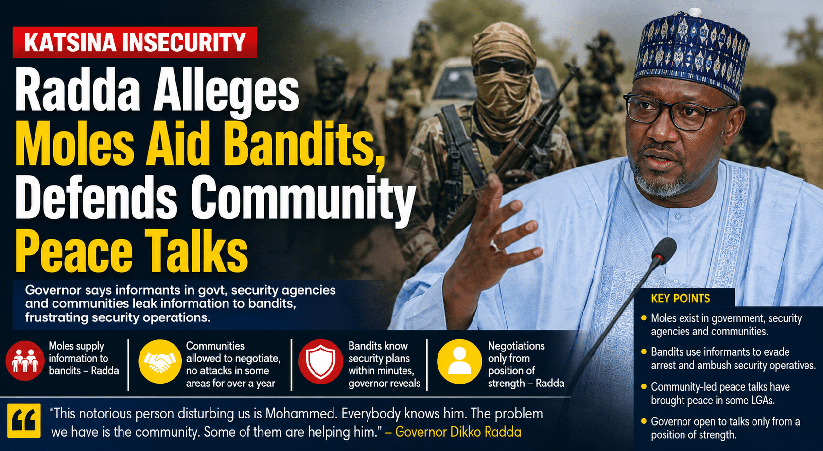 Katsina Insecurity: Radda Alleges Moles Aid Bandits, Defends Community Peace Talks