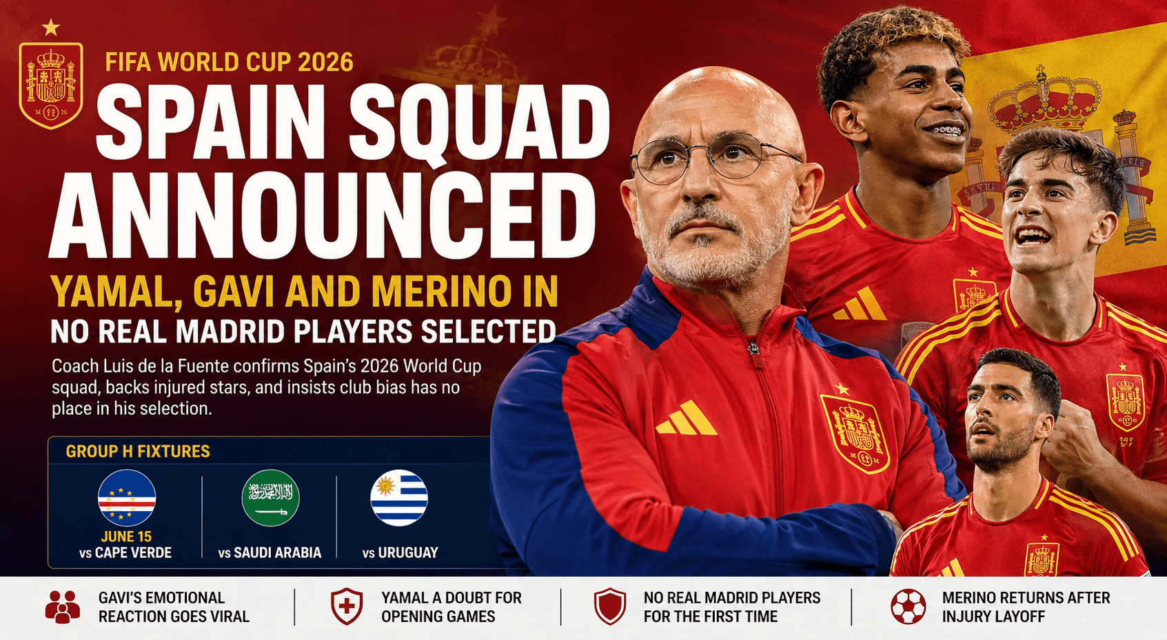 Spain World Cup 2026 Squad: De la Fuente Backs Yamal, Recalls Gavi, Leaves Out Real Madrid Players