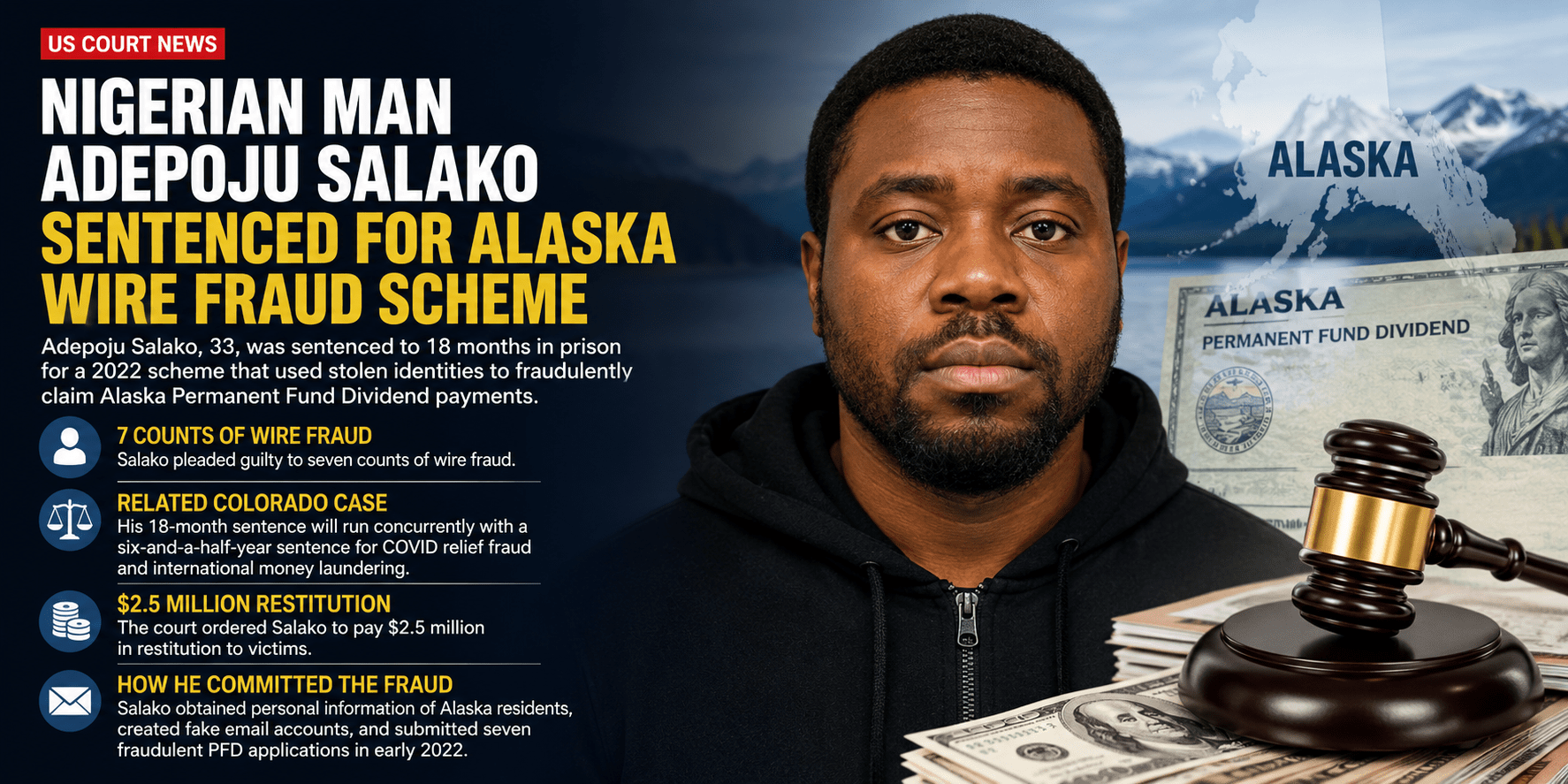 Nigerian Man Sentenced in US for Alaska Dividend Wire Fraud Scheme