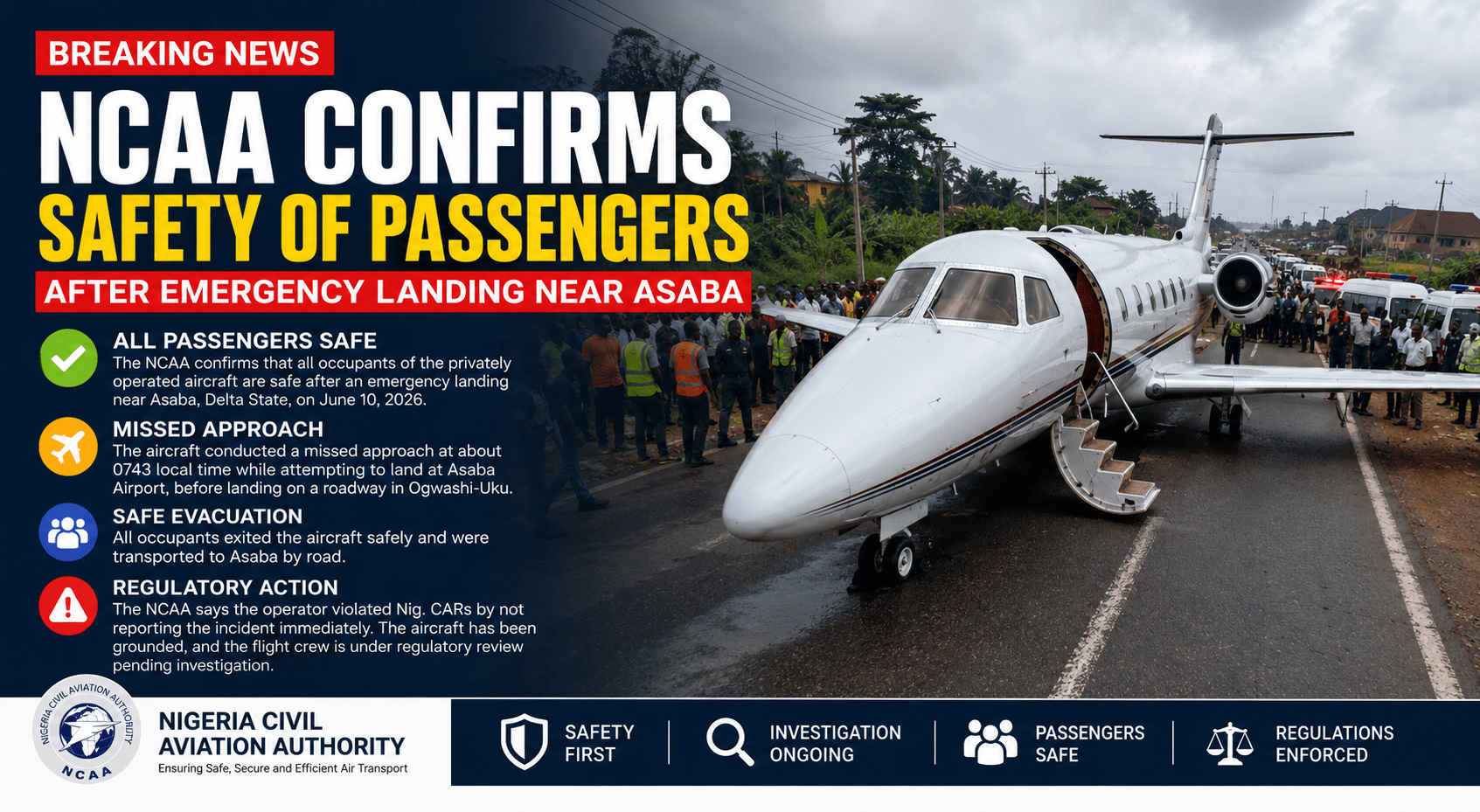 NCAA Confirms Safety of Passengers After Emergency Landing Near Asaba