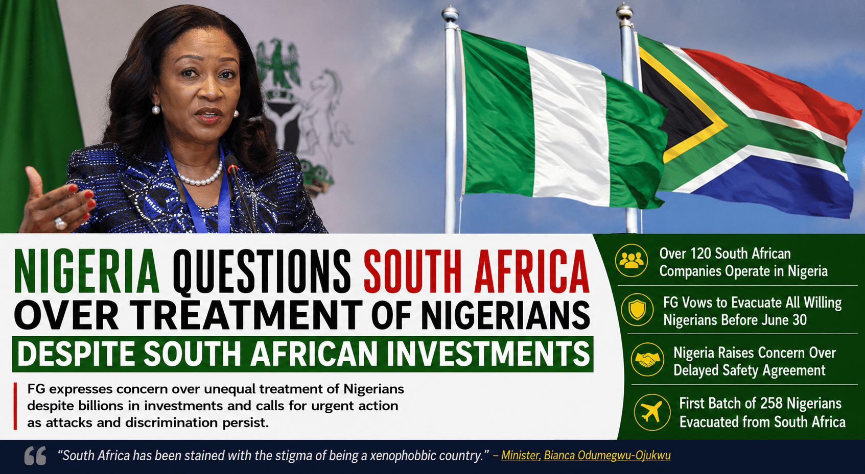 Nigeria Questions South Africa Over Treatment of Nigerians Despite Investments