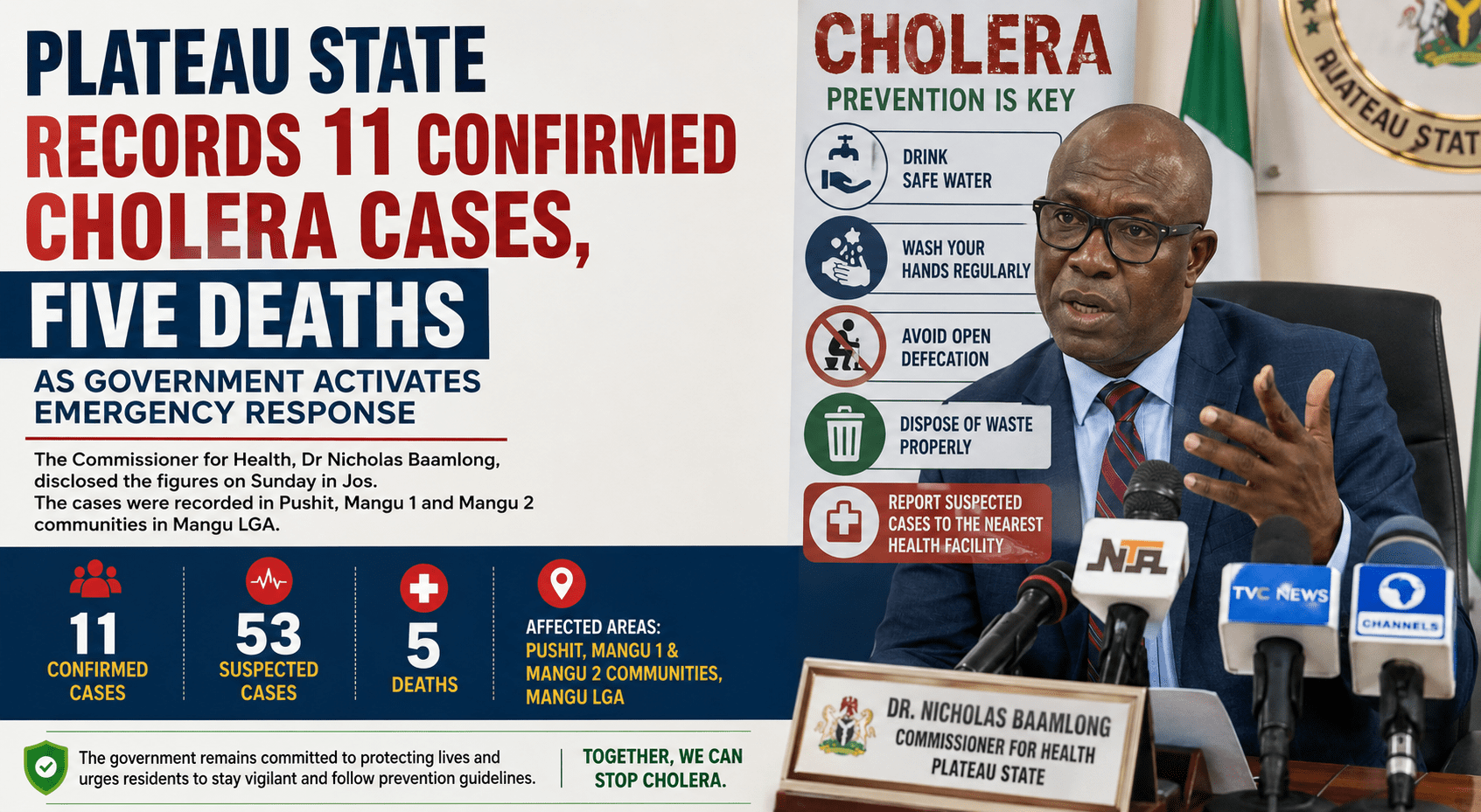Plateau Records 11 Confirmed Cholera Cases, Five Deaths as Government Activates Emergency Response