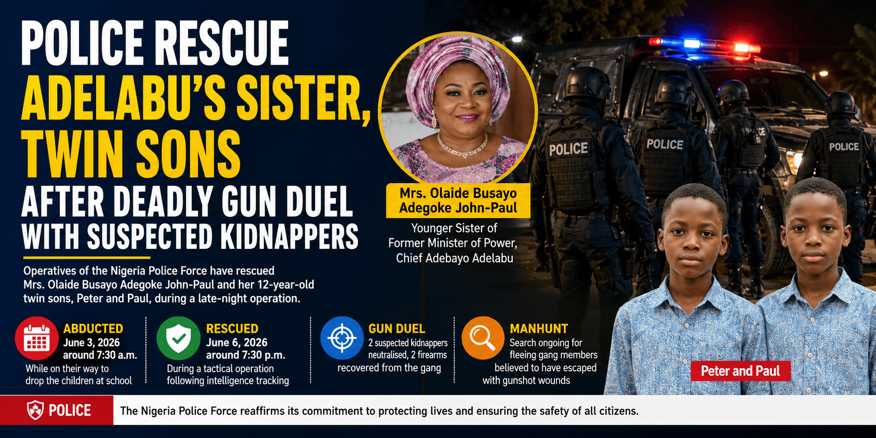 POLICE RESCUE ADELABU’S SISTER, TWIN SONS AFTER GUN BATTLE WITH SUSPECTED KIDNAPPERS