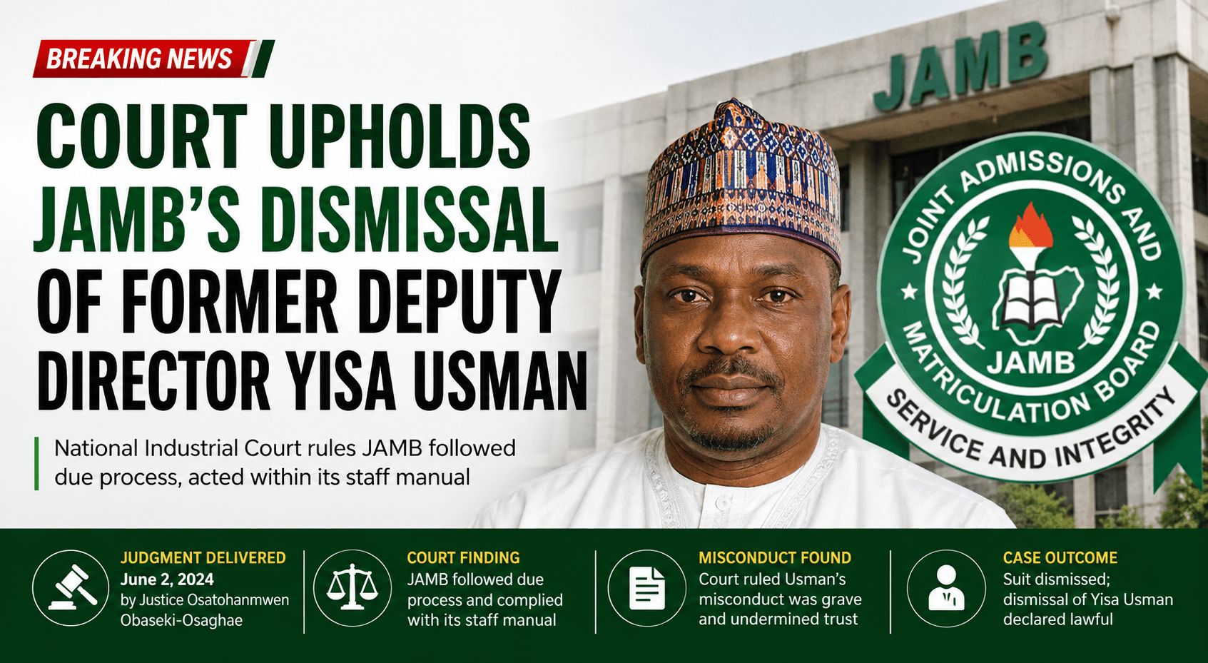 National Industrial Court Upholds JAMB’s Dismissal of Former Deputy Director Yisa Usman