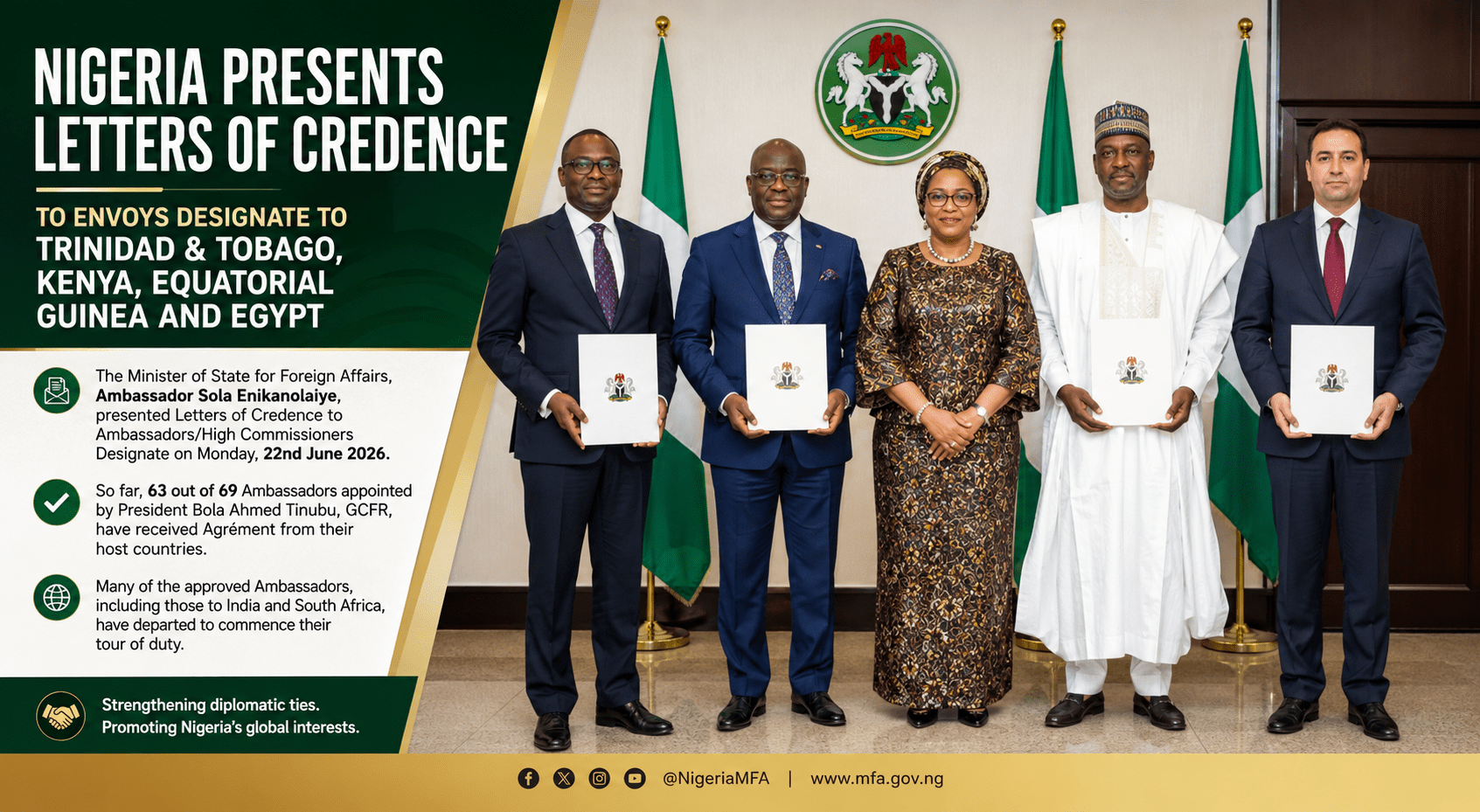 Nigeria Presents Letters of Credence to Envoys Designated for Trinidad and Tobago, Kenya, Equatorial Guinea, and Egypt