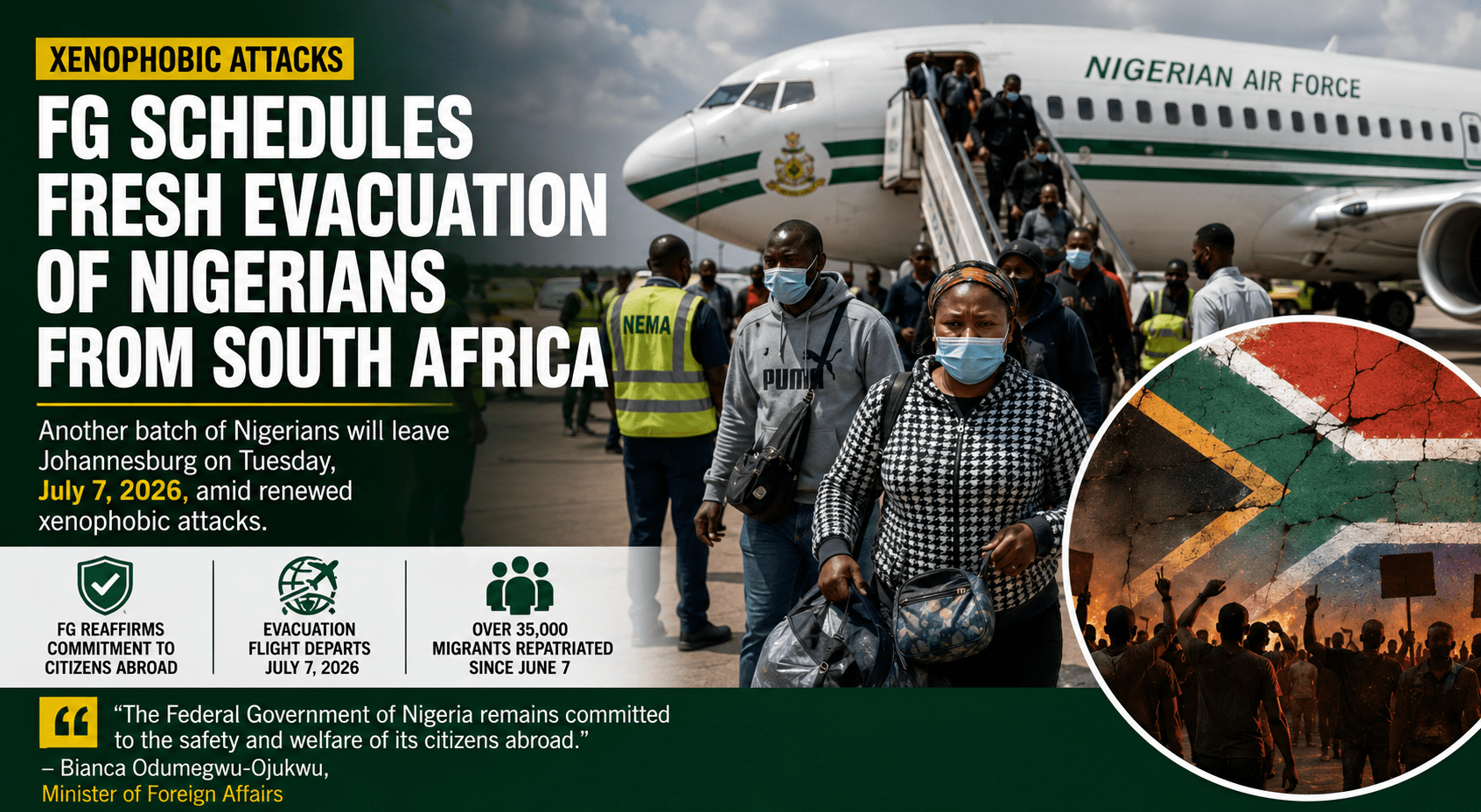 FG Schedules Fresh Evacuation of Nigerians from South Africa Over Xenophobic Attacks