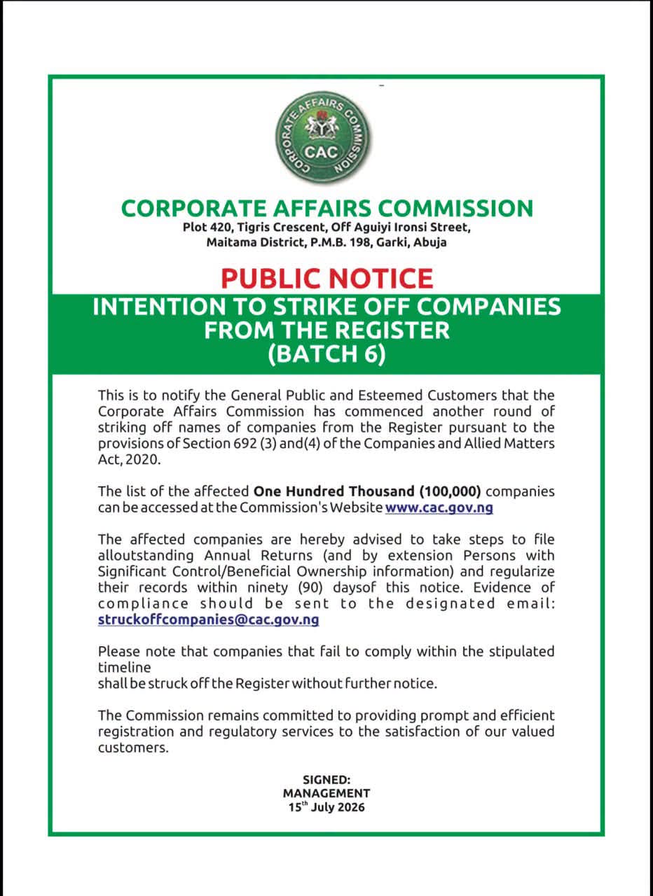 CAC Begins Fresh Strike-Off of 100,000 Companies, Gives 90 Days to Comply